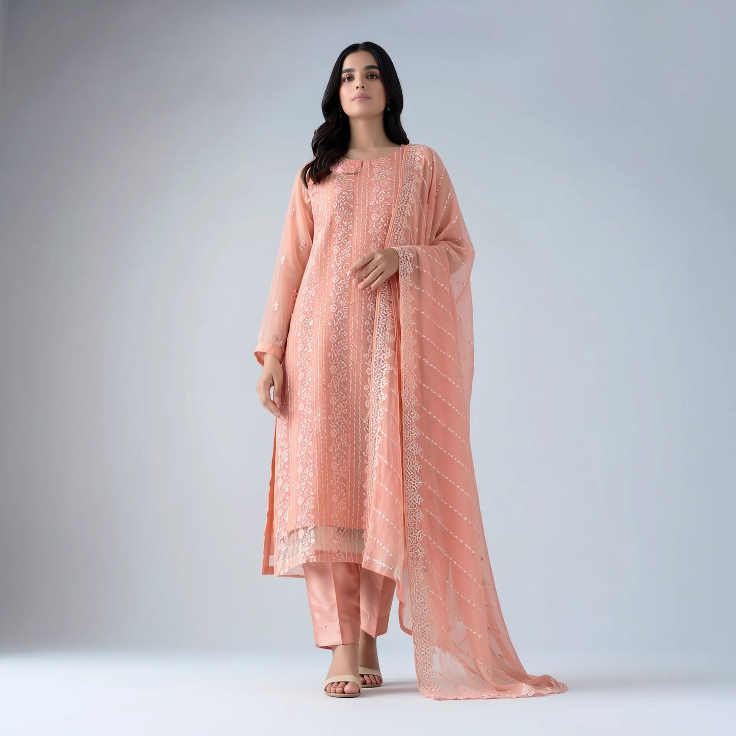 Inaya Peach Embroidered Suit - Libaas Copenhagen