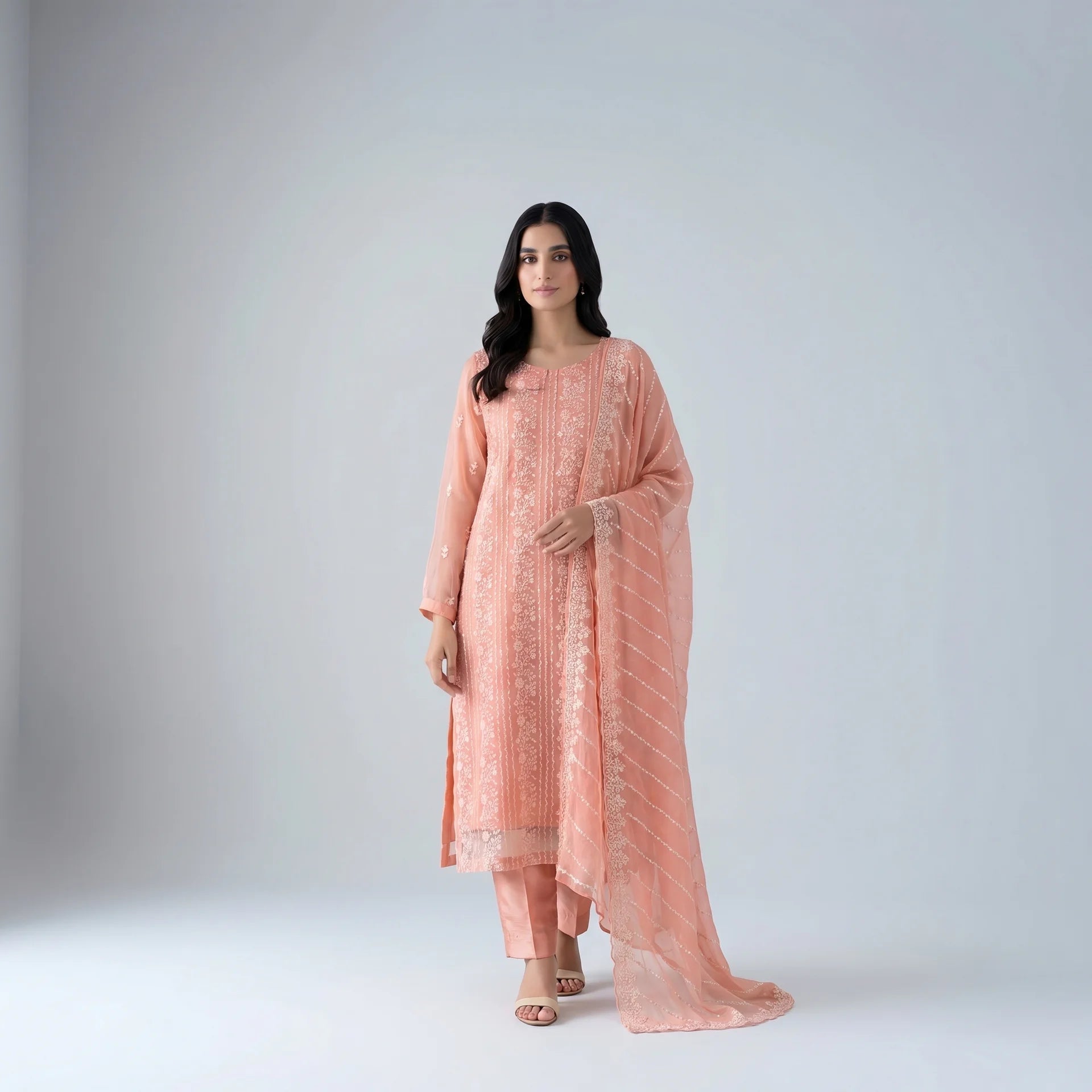 Inaya Peach Embroidered Suit - Libaas Copenhagen