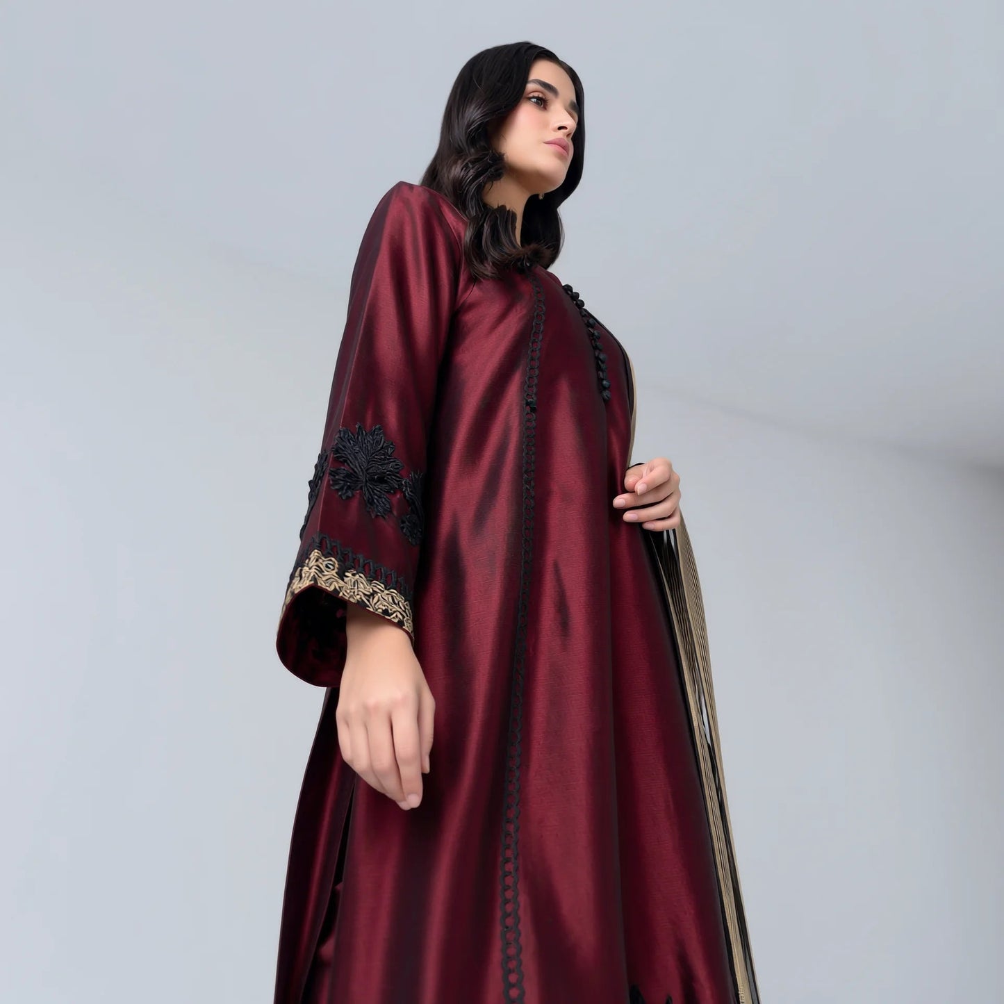 Liyana Burgundy Katan Silk Frock Set - Libaas Copenhagen
