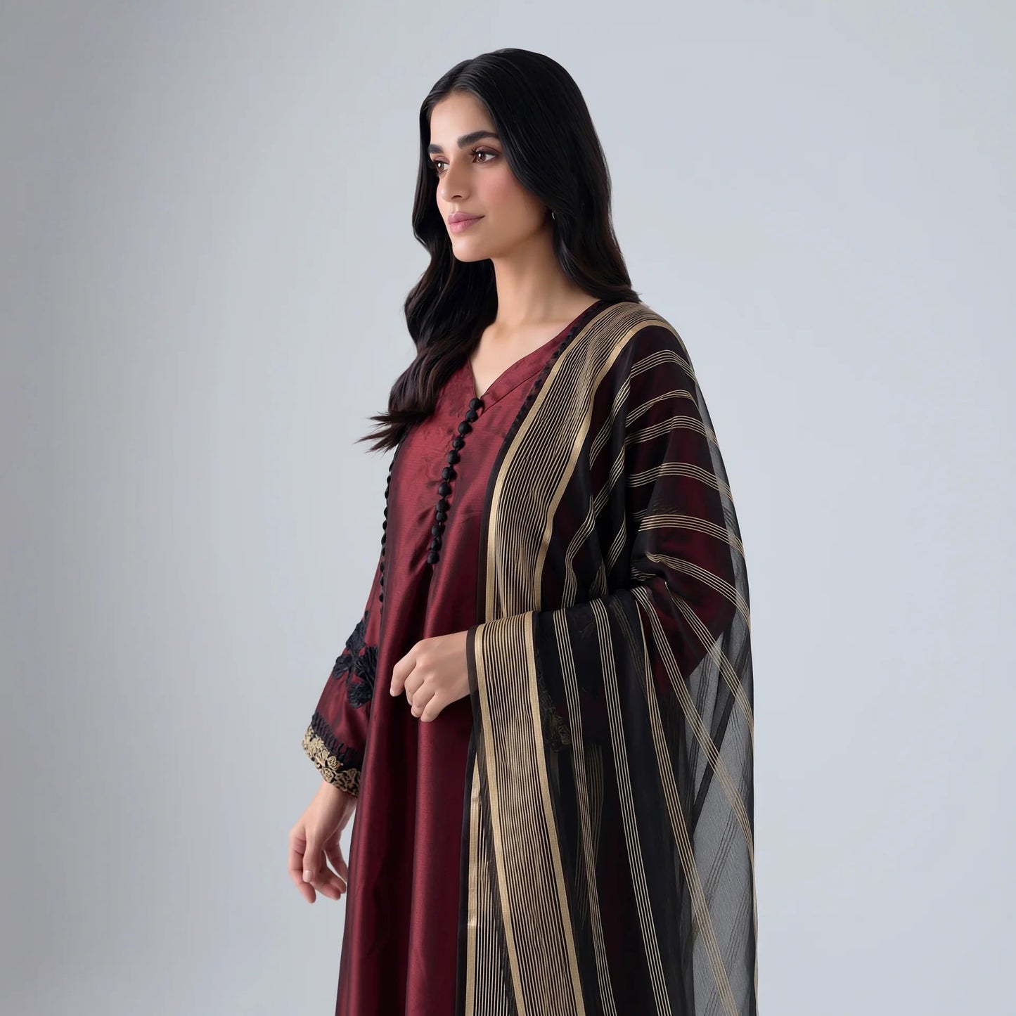 Liyana Burgundy Katan Silk Frock Set - Libaas Copenhagen
