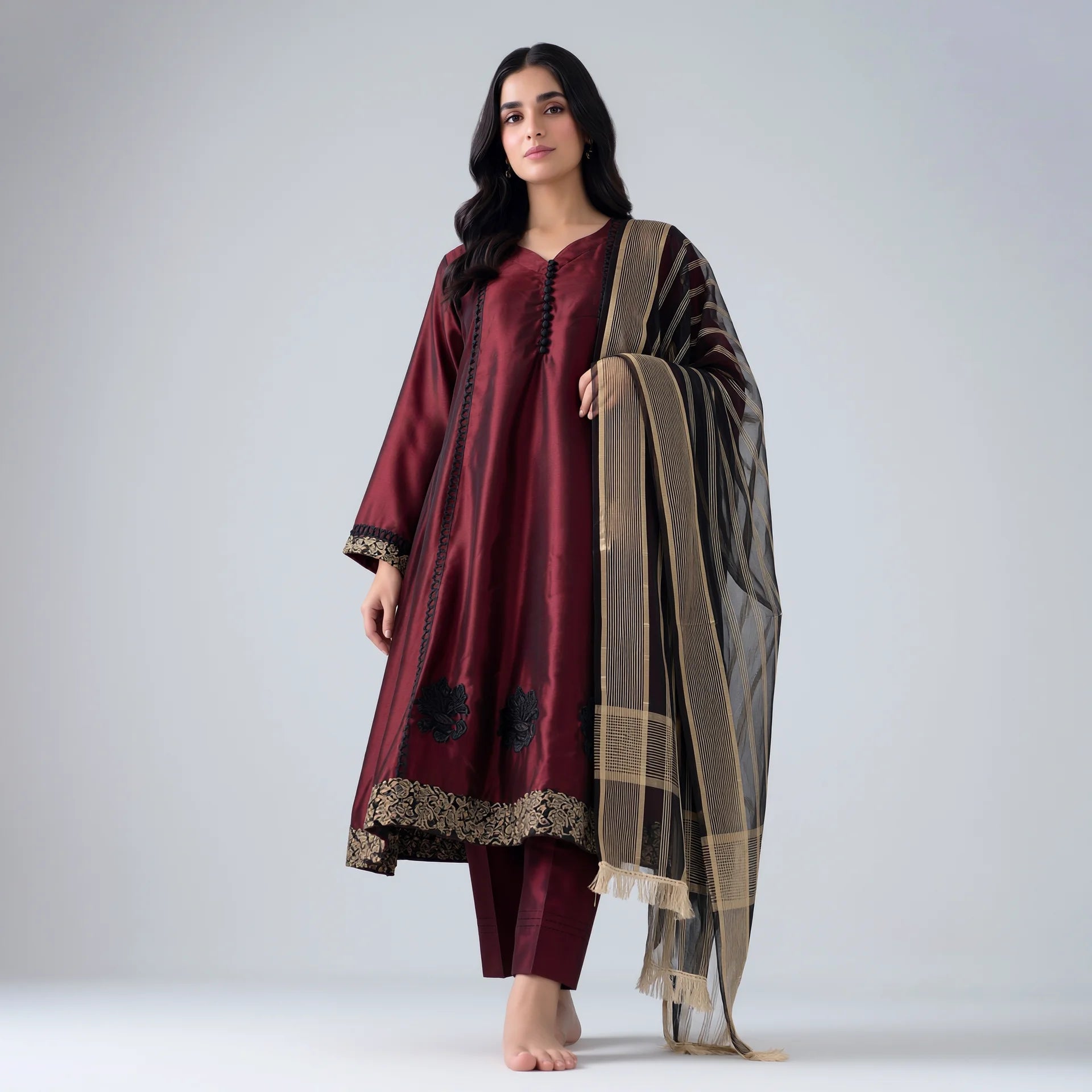Liyana Burgundy Katan Silk Frock Set - Libaas Copenhagen