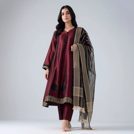 Liyana Burgundy Katan Silk Frock Set - Libaas Copenhagen