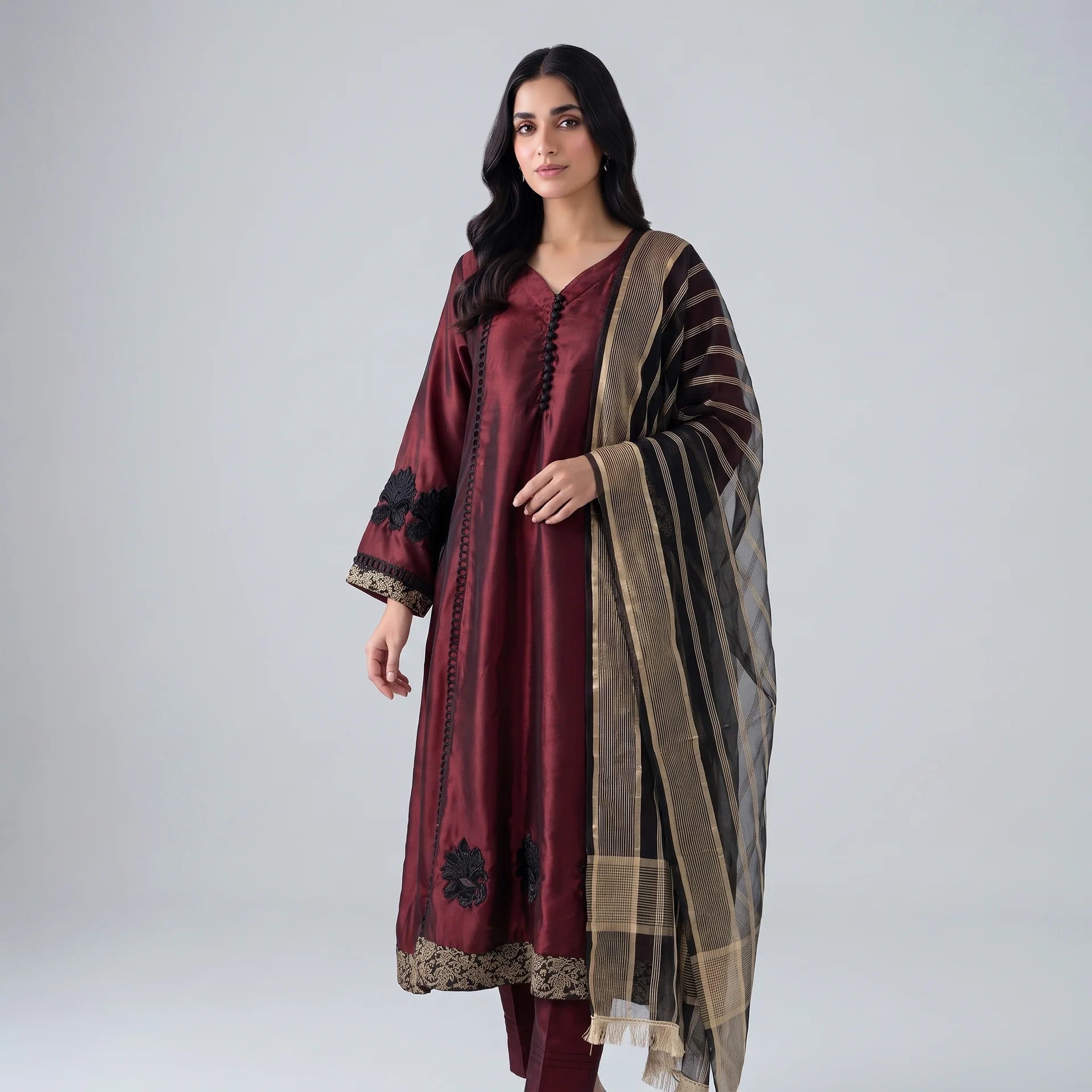 Liyana Burgundy Katan Silk Frock Set - Libaas Copenhagen