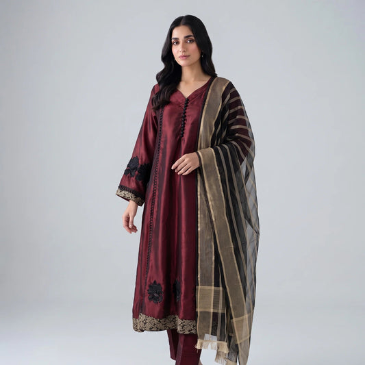 Liyana Burgundy Katan Silk Frock Set - Libaas Copenhagen