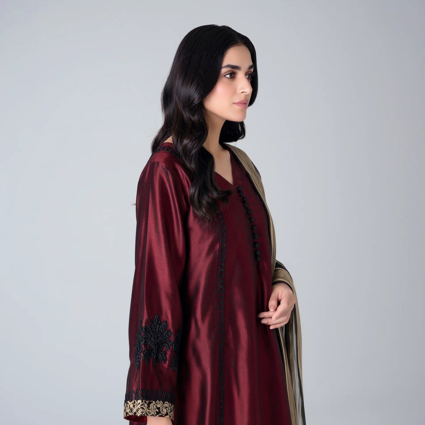 Liyana Burgundy Katan Silk Frock Set - Libaas Copenhagen