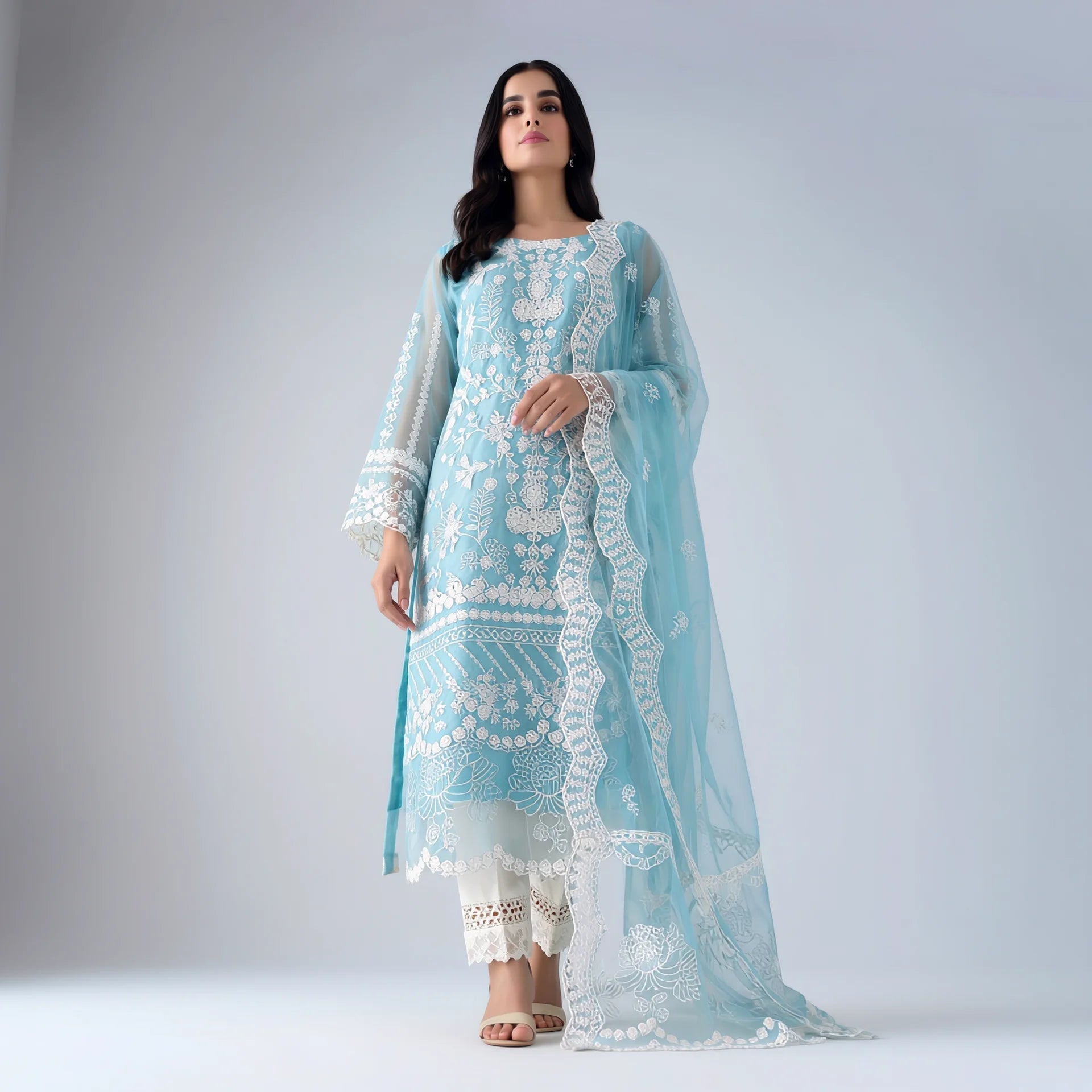 Mira Ice Blue Chiffon Suit - Libaas Copenhagen