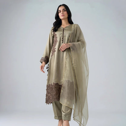 Roshni Olive Silk Suit - Libaas Copenhagen