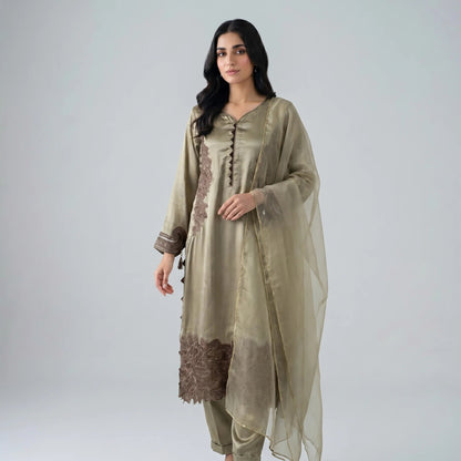 Roshni Olive Silk Suit - Libaas Copenhagen