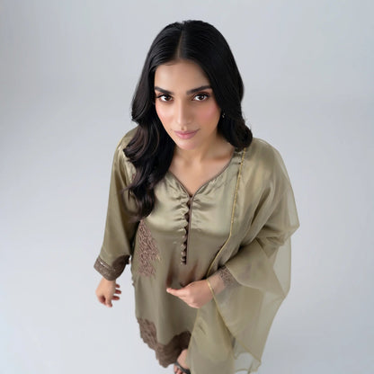 Roshni Olive Silk Suit - Libaas Copenhagen
