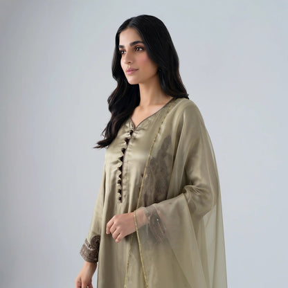 Roshni Olive Silk Suit - Libaas Copenhagen
