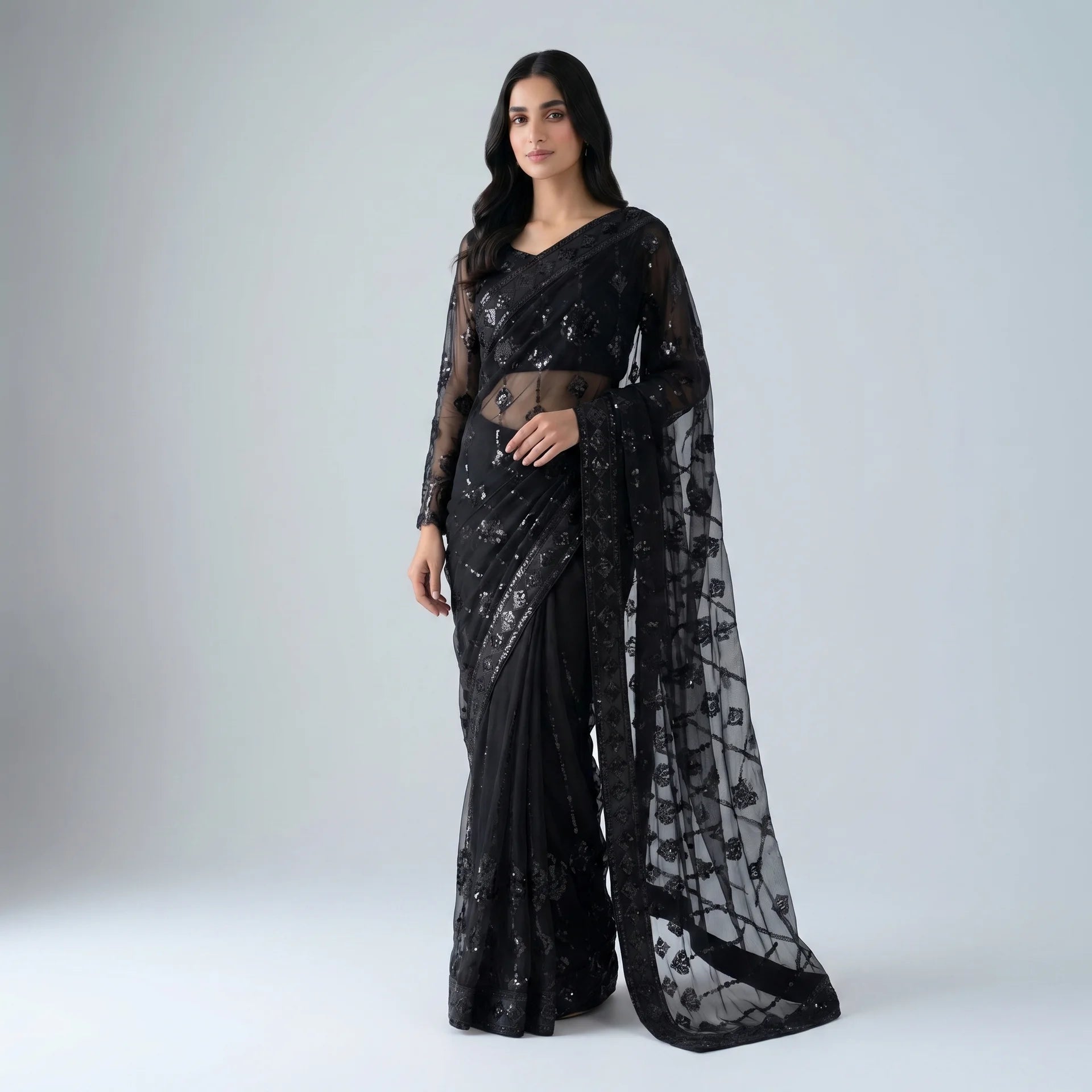 Zara Black Sequins Saree - Libaas Copenhagen