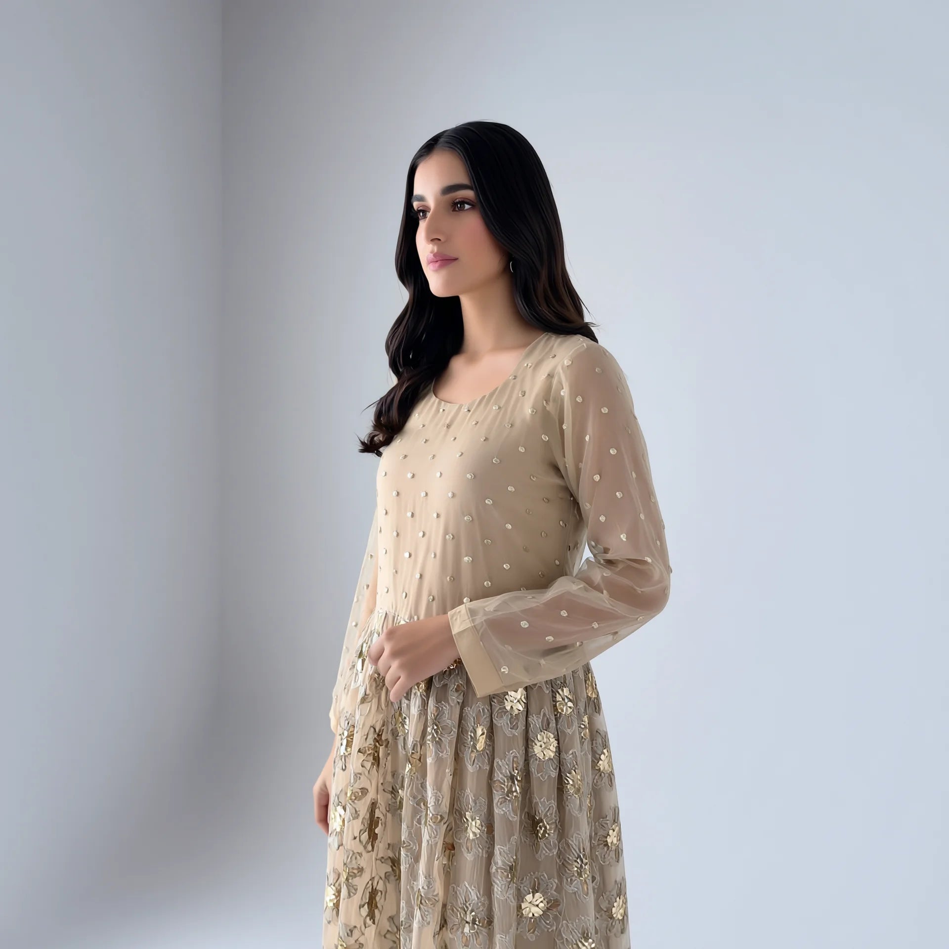 Zoya Beige Mirrorwork Dress - Libaas Copenhagen