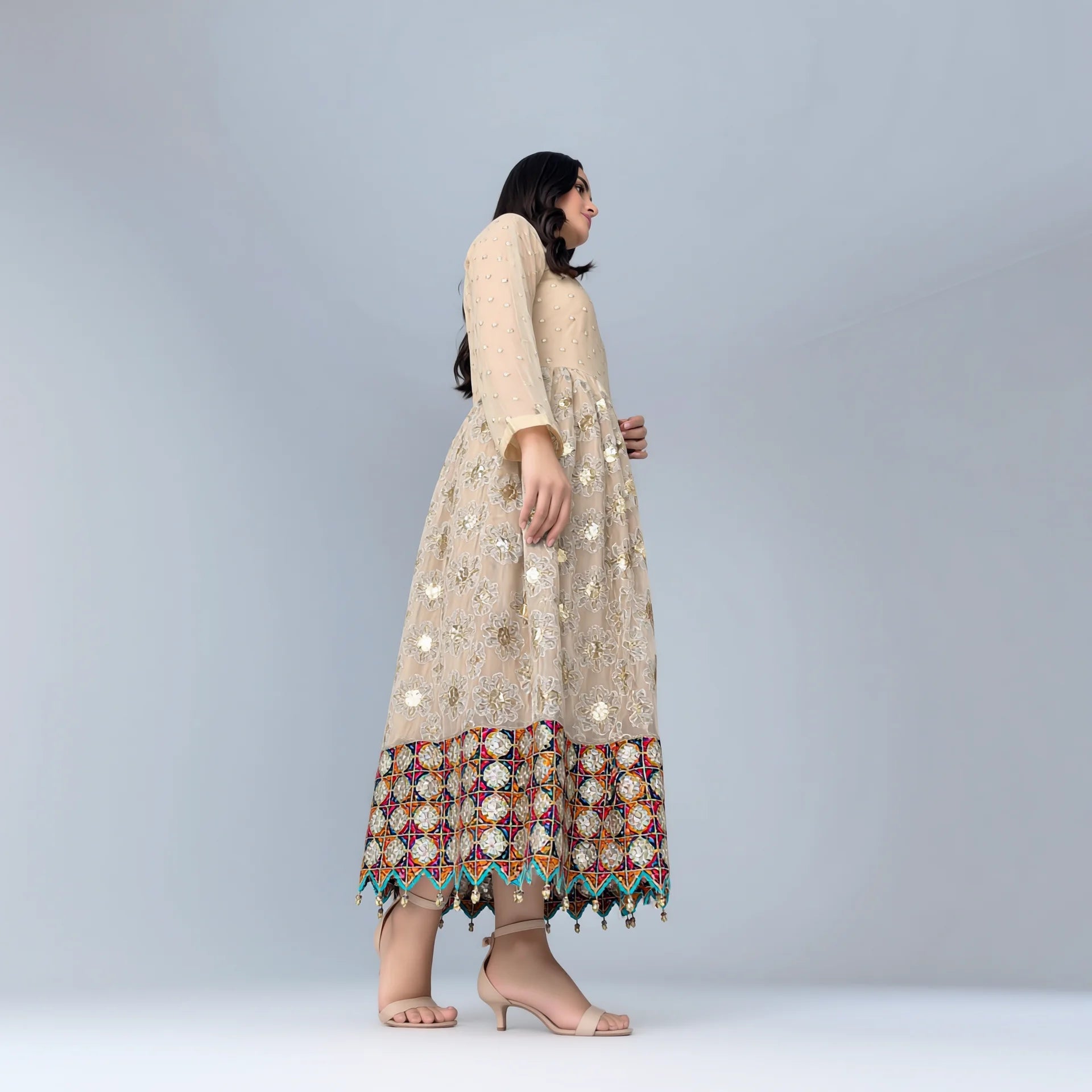 Zoya Beige Mirrorwork Dress - Libaas Copenhagen