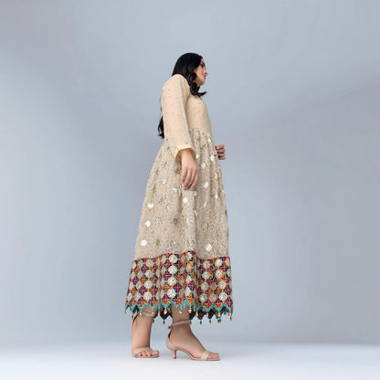 Zoya Beige Mirrorwork Dress - Libaas Copenhagen
