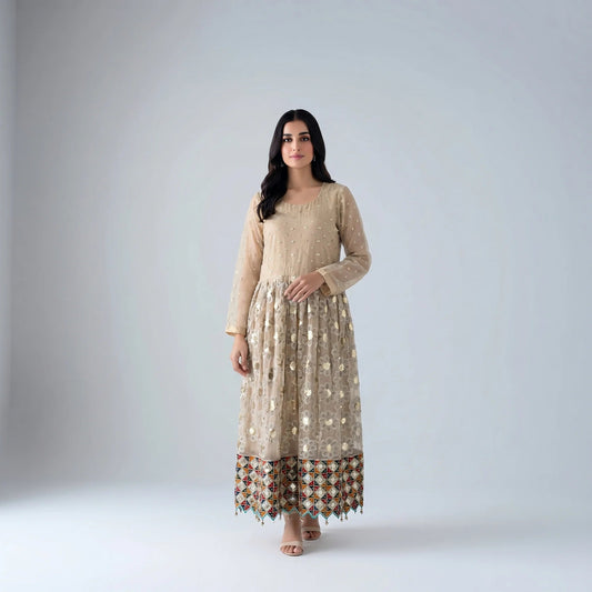 Zoya Beige Mirrorwork Dress - Libaas Copenhagen
